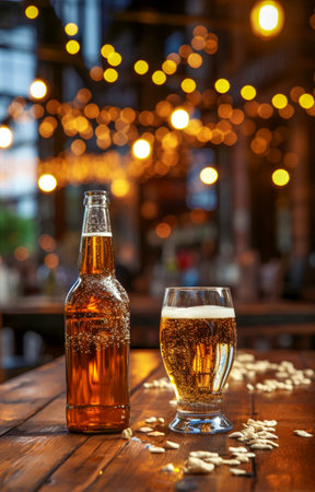 A glass of steamed beer and a glass bottle on the background of an outdoor cafe.の素材