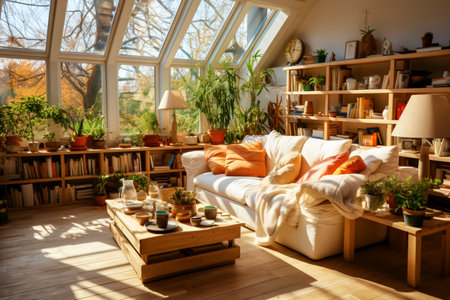 Beautiful and modern autumn interior. Soft modern furniture, soft orange pillows and a large bright window. Lots of green plants.の素材