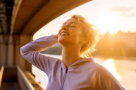 A happy relaxed woman inhales fresh air under the warm rays of the sun. Dreams, travel, freedomの素材