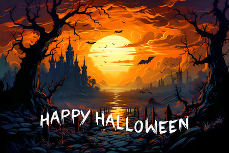A mysterious forest and an old wooden house under a big moon. Happy Halloween.の素材