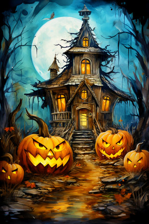 A glowing pumpkin on a creepy night against the background of an old house. Happy Halloween.の素材