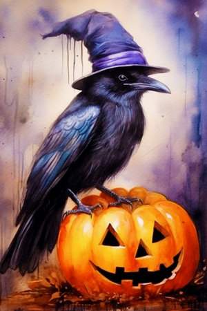 Black raven in a hood on a Halloween pumpkin background.の素材
