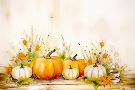 orange and white pumpkins on a wooden table. Copy the location for your text. Watercolor techniqueの素材