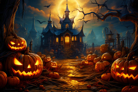 A glowing pumpkin on a creepy night against the background of an old house. Happy Halloween.の素材