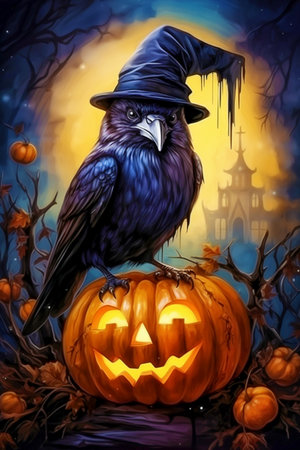 Black raven in a hood on a Halloween pumpkin background.の素材