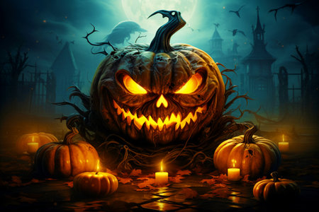 A glowing pumpkin on a creepy night against the background of an old house. Happy Halloween.の素材