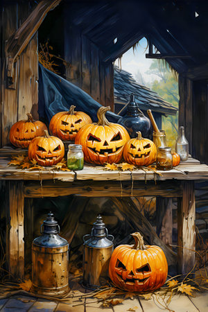 Cute, funny and smiling pumpkins. Nearby balloons. Happy Halloweenの素材