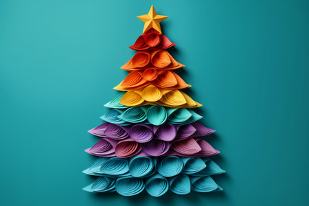 An unusual Christmas tree made of paper on a blue background. Festive mood and expectation of a miracle.の素材