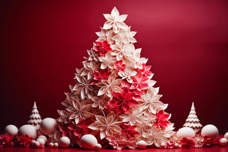 An unusual Christmas tree made of paper on a red background. Festive mood and expectation of a miracle.の素材