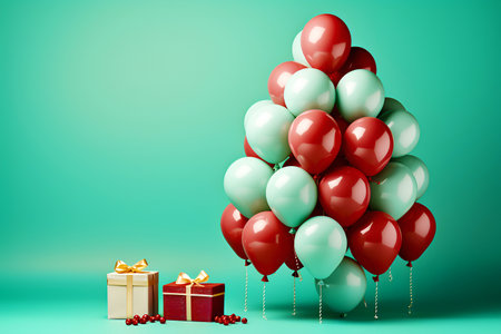 A new modern Christmas tree concept made from a variety of balloons on a green background.の素材
