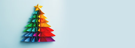 An unusual Christmas tree made of paper on a white background. Festive mood and expectation of a miracle. Banner.の素材