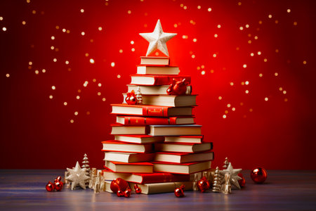 A Christmas tree made of books in colorful fabric covers. Christmas and New Year, education, book publishing, reading, vintage styleの素材