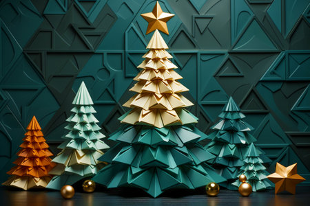 Cute Christmas trees made of paper on a green background. Festive mood and expectation of a miracleの素材