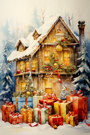 Bright and colorful Christmas gifts in the snow on the background of a Christmas tree.の素材