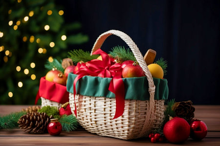 beautiful Christmas wicker basket with fruit on the background of a Christmas tree and garlands.の素材