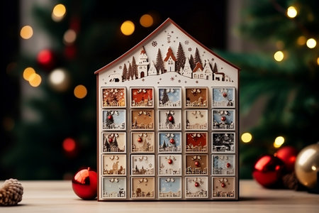 A beautiful and original advent calendar made of natural wood in the form of a house. Unusual decorations on the eve of Christmas.の素材