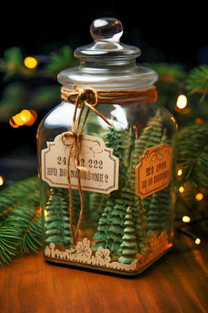 original glass jar with spruce branches. An unusual Christmas gift for decor.の素材