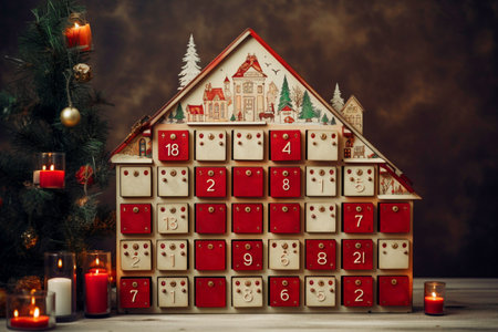 A beautiful and original advent calendar made of natural wood in the form of a house. Unusual decorations on the eve of Christmas.の素材
