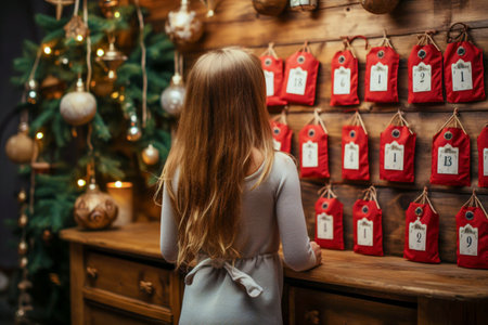 A cute blonde girl examines and removes gifts from the Advent calendar. Expectations of the Christmas holidayの素材