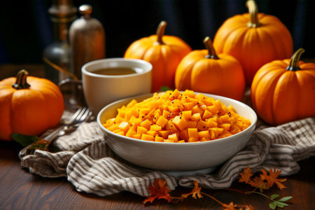 Pumpkin sliced into pieces on a beautiful white plate. Proper nutrition and a healthy diet for the body.の素材