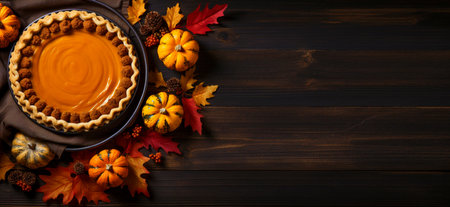 Top view of a fragrant and freshly baked pumpkin pie on a wooden background. Copy space. Bannerの素材