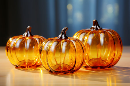 Unusual transparent glass pumpkins for decorating your interior on a wooden table.の素材