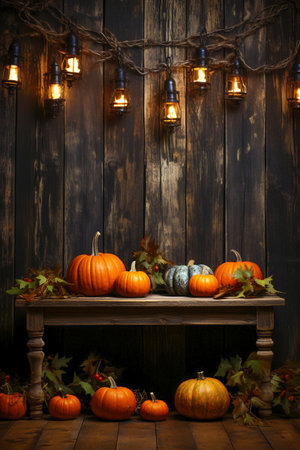 Halloween-style interior. There are pumpkins of different sizes on a vintage wooden table. There is a garland hanging on the wall.の素材