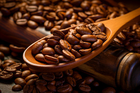Wooden spoon with fresh coffee beans. Packaging of the finished products.の素材