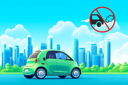An electric-powered car against the backdrop of an urban landscape symbolizes concern for the environment and the desire to reduce emissions of harmful substancesの素材