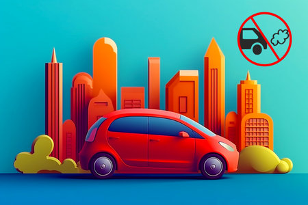 A car with an electric motor, visible in an urban environment, is a manifestation of caring for nature and striving to reduce emissions of harmful substancesの素材