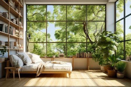 Beautiful and bright modern room for a student with a view of the city park.の素材