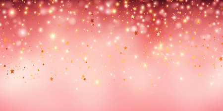 On a pink background there are beautiful golden stars and blurred spots of garlands. Banner.の素材