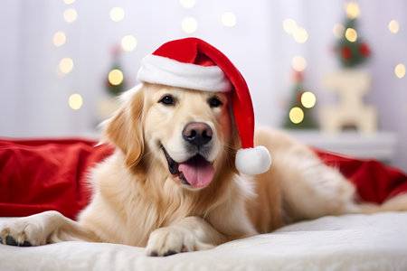 A golden retriever in a Santa hat lies on a white bed near the Christmas tree on Christmas Eveの素材