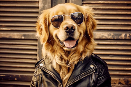 A beautiful golden retriever dog with dark glasses and a black leather jacket. Biker dog.の素材