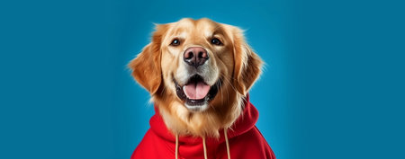 happy golden retriever dog in a red hoodie on a blue background. Banner, a place for text and advertising.の素材