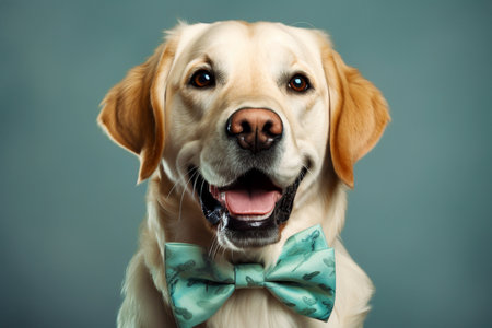 Portrait of a beautiful Labrador dog in a bow tie on a green backgroundの素材