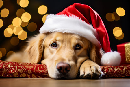 Cute golden retriever in a Santa hat on the background of a bokeh garland on the eve of Christmas celebration.の素材