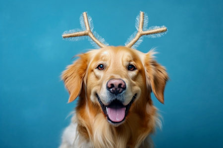 A golden retriever wearing deer horns on a blue background wishes everyone a Merry Christmas.の素材