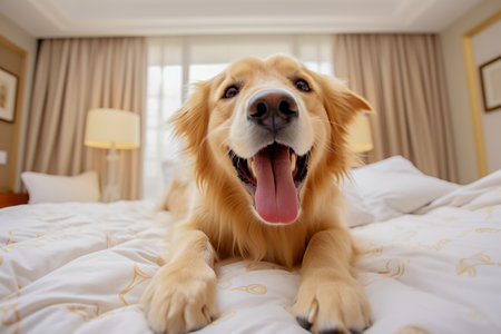 A joyful golden retriever dog is lying on a big white bed. Life with animals and their way of life.の素材
