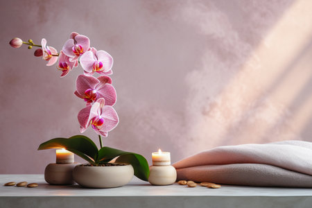 The concept of a spa salon. Stones, burning candles, a warm towel and an orchid.の素材