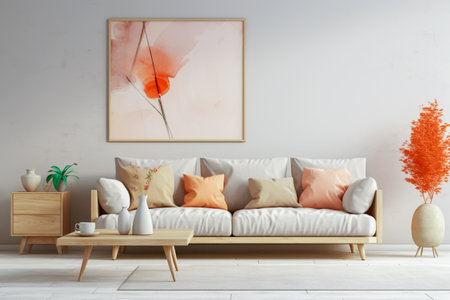 Furniture, soft pillows and plants made in the color 2024 peach fuzz in the living room create a modern and comfortable interior.の素材