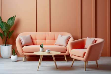 The interior of the living room contains fashionable upholstered furniture, decorative items and indoor plants, selected in the color 2024 peach fuzz, which creates a modern and cozy lookの素材
