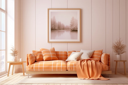The interior of the living room has a combination of modernity and comfort thanks to upholstered furniture, decorative items and indoor plants, the color 2024 peach fuzz.の素材
