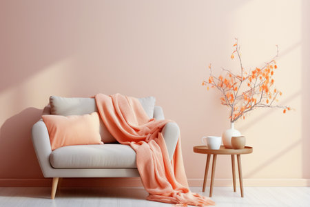 The living room was decorated in a modern style to create a cozy space with upholstered furniture, decorative items and plants, all in the color peach fuzz 2024の素材