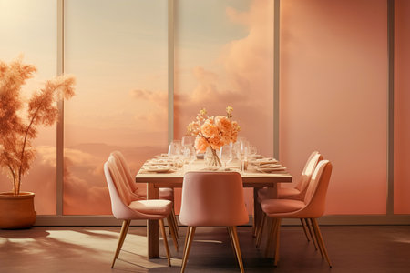 A bright and bright living room with a large dining table and upholstered chairs. Tinted color 2024 peach fuzz.の素材
