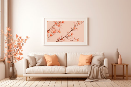 A cozy space with upholstered furniture, decorative objects and indoor plants has been created in the living room in a modern style, the color 2024 peach fuzz.の素材