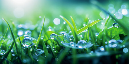 Raindrops on the green spring grass in close-up. Selective focus.の素材