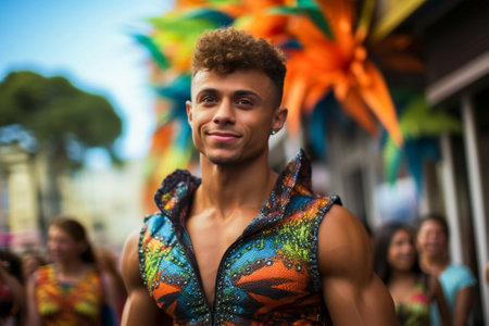 Portrait of a young man in a carnival costume against the background of the annual festival of dancing and funの素材