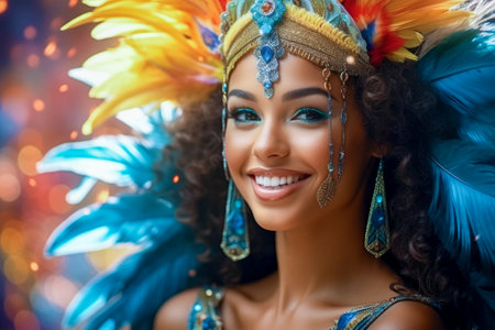 A spectacular young woman in sparkling attire and with a captivating smile dances samba at the annual carnival festival.の素材