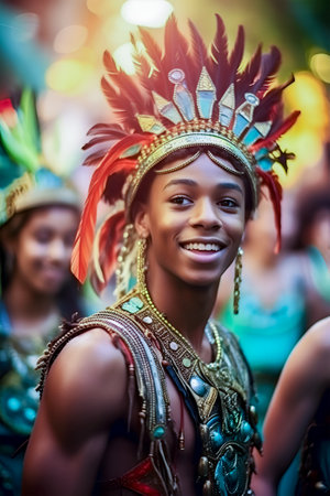 Portrait of a young black guy in an unusual carnival costume against a background of dancing people.の素材